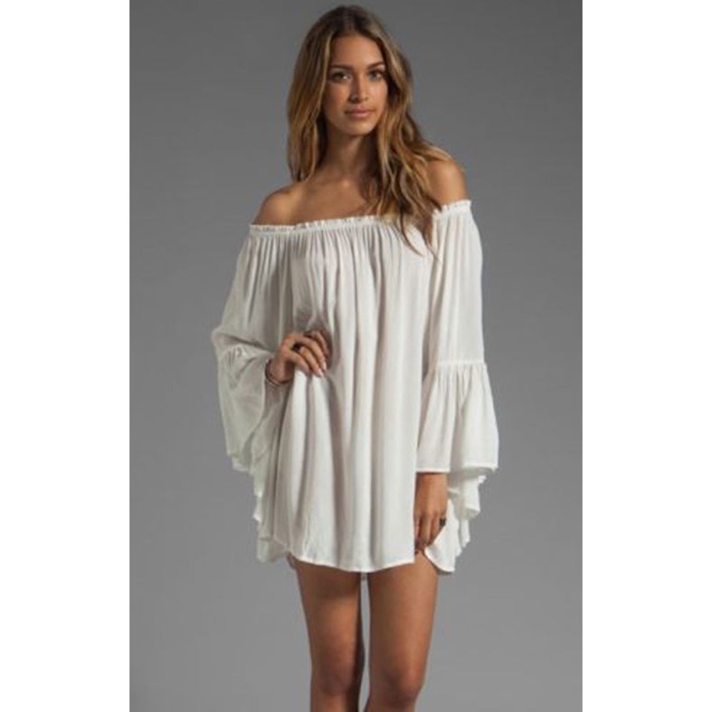 NWT INDAH Boho White Off-Shoulder Swim Cover-Up Tunic Mini Dress size Small - Picture 3 of 8